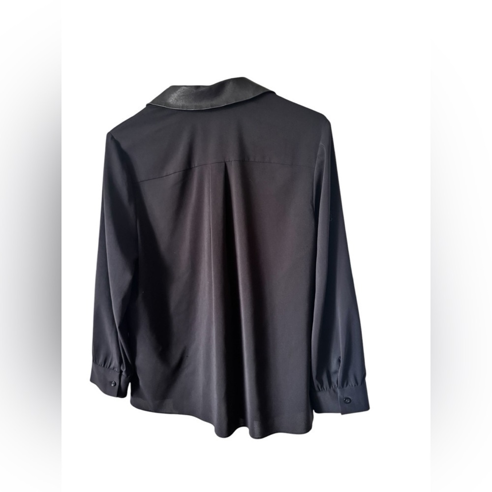 Alice + Olivia Black Long Sleeve Button Down Blouse Leather Collar sz M - Picture 2 of 13